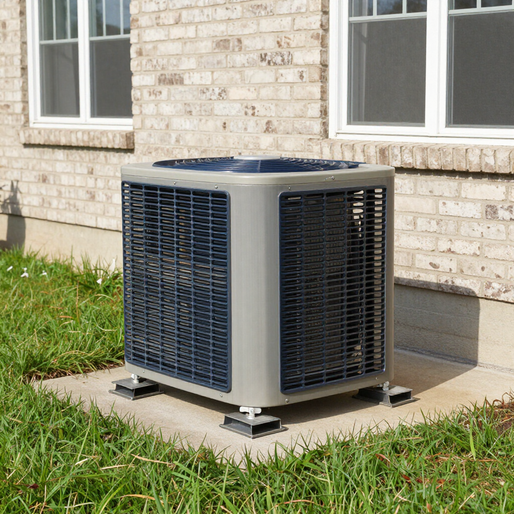 Outdoor air conditioner unit beside a brick house on a concrete pad surrounded by grass