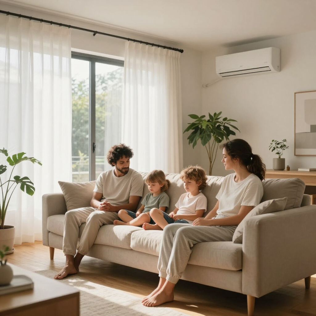 Family relaxing in a comfortable living room thanks to an efficient HVAC system