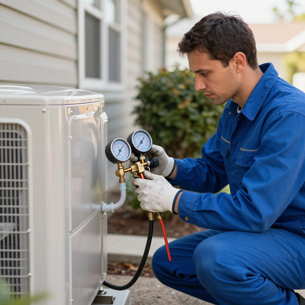 Technician in blue coveralls checks outdoor HVAC unit with pressure gauges
