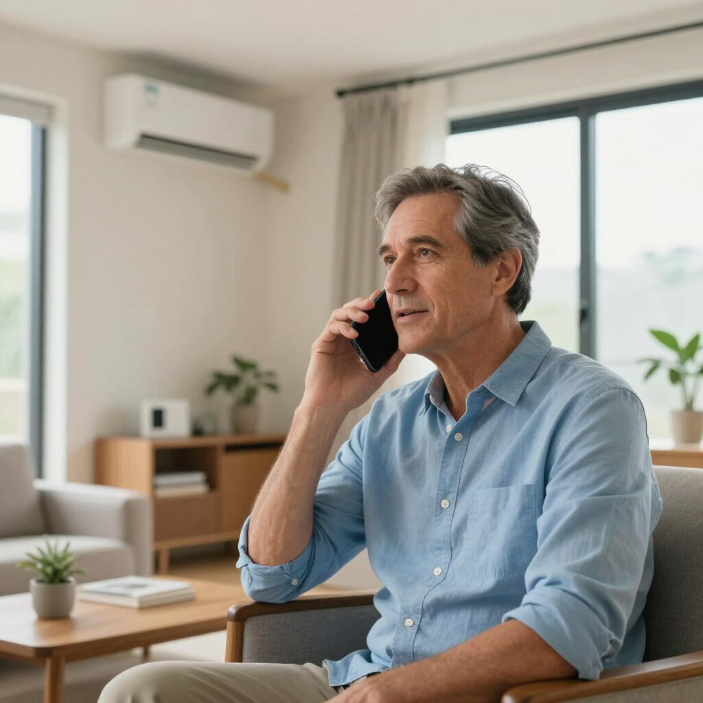 Homeowner on the phone filing a warranty claim with their HVAC provider