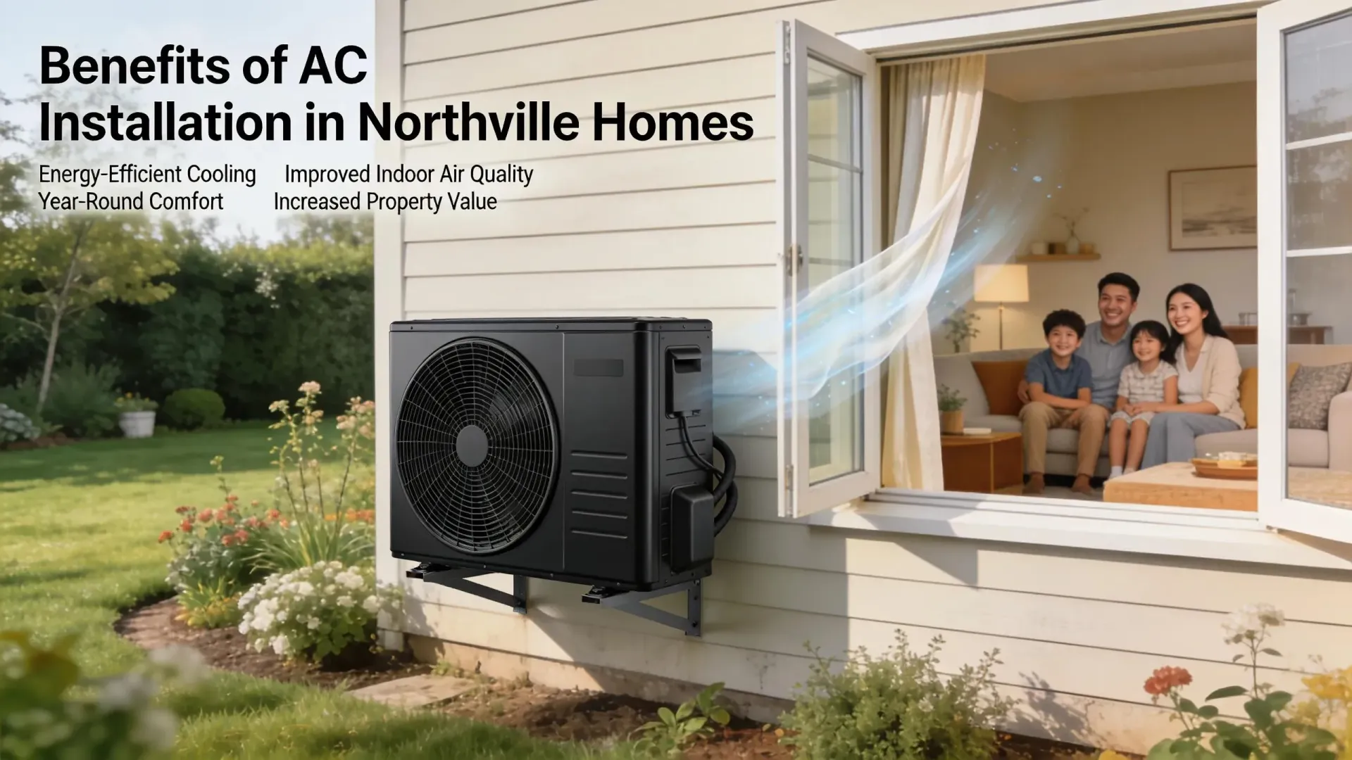 Home AC unit beside a suburban house with family indoors and airflow graphics, labeled “Benefits of AC Installation”