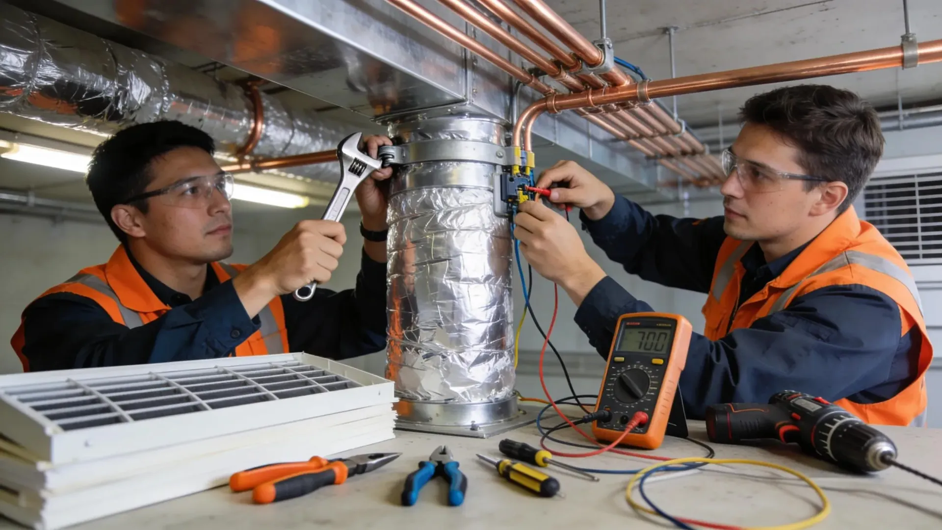 HVAC professionals working together during an AC installation