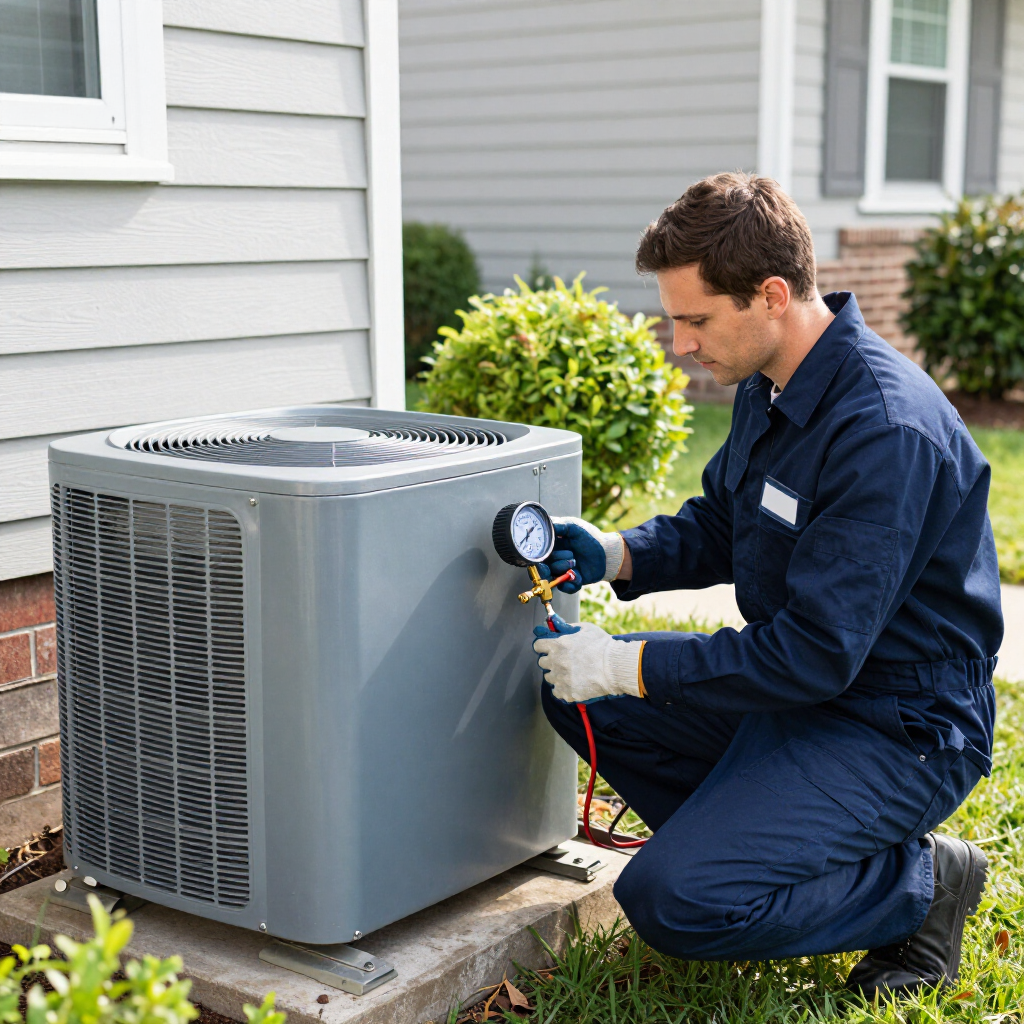 Technician performing seasonal HVAC maintenance on a residential unit