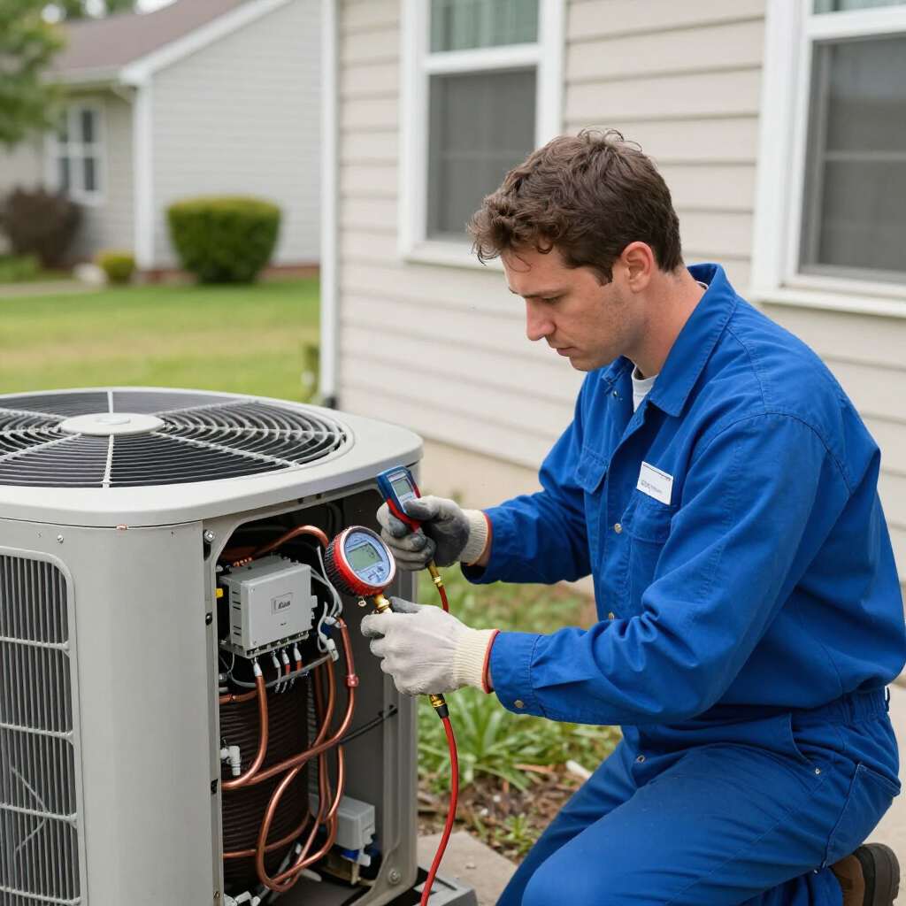 HVAC technician performing AC repair in Livonia, MI focused on expert diagnostics