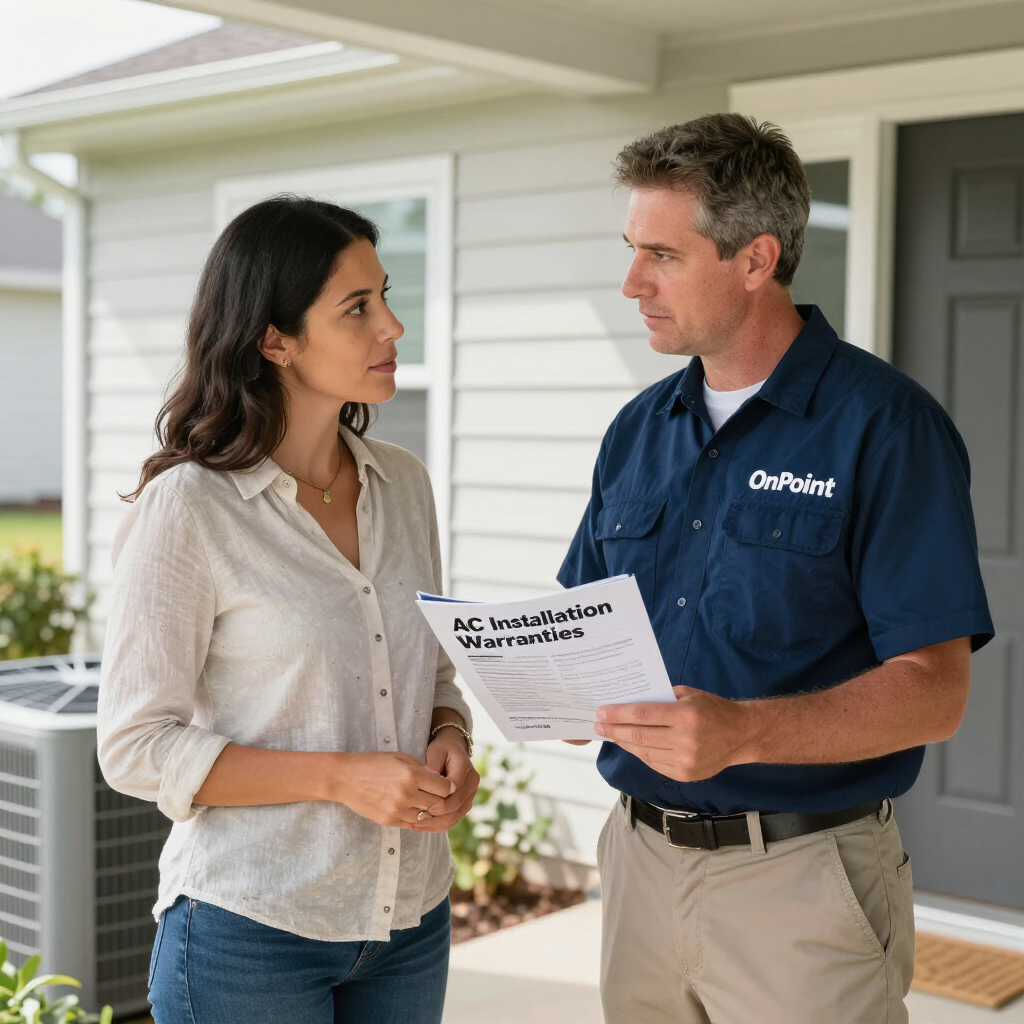 Livonia homeowner talking with an OnPoint HVAC technician about AC installation warranties