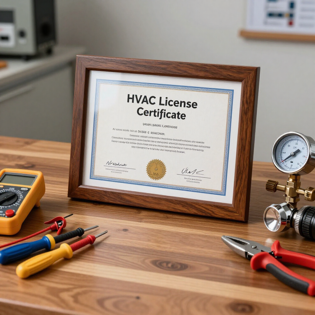 An HVAC license certificate on a desk with tools, representing the significance of hiring licensed contractors for AC installation