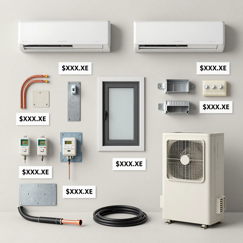 Different air conditioning units and installation materials with price tags, showing replacement cost considerations