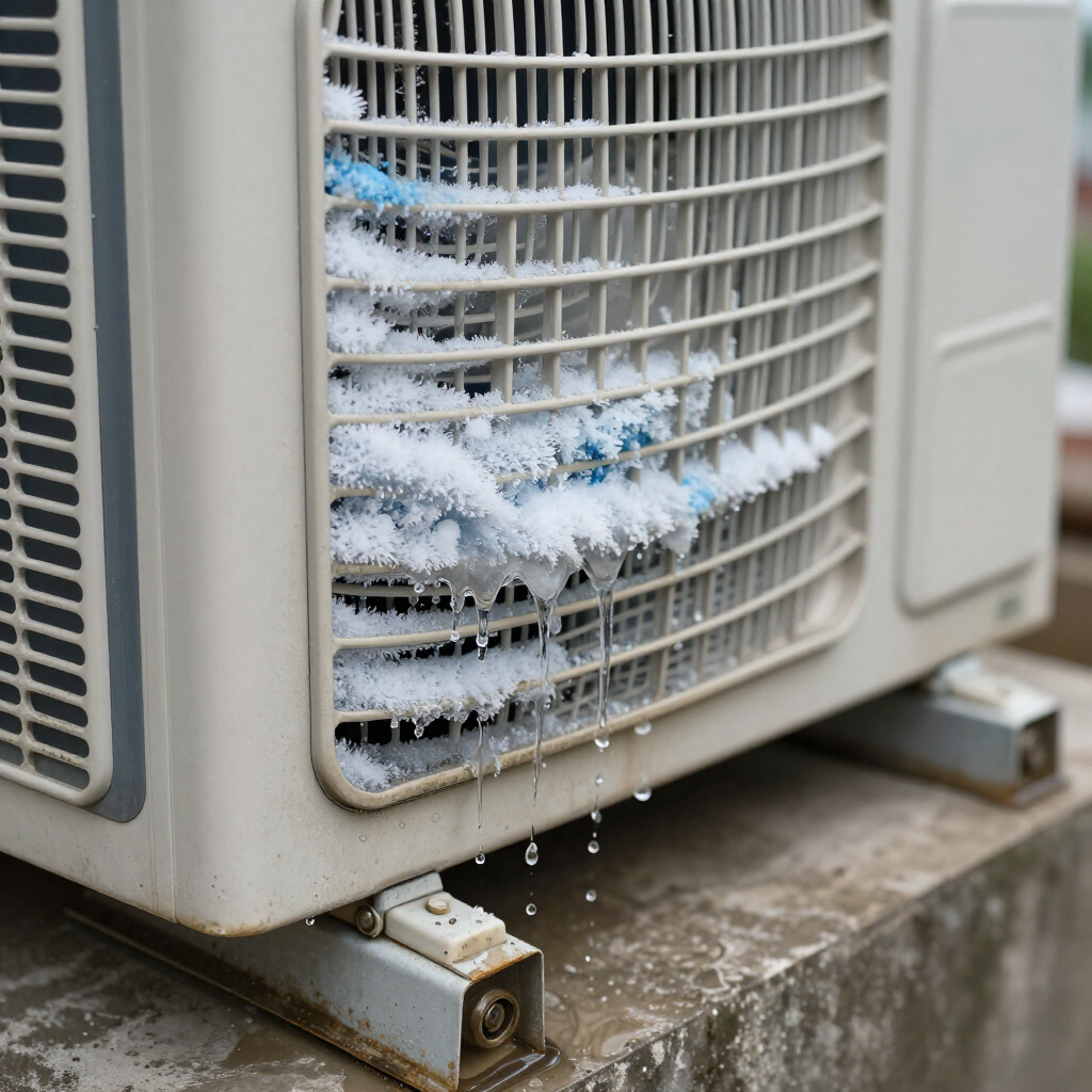 Close-up of an AC unit showing trouble signs — ice buildup and water leaks homeowners should watch for