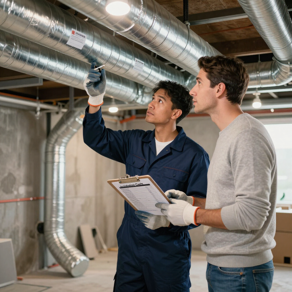 Technician inspecting home ductwork with a homeowner during an HVAC consultation focused on installation costs