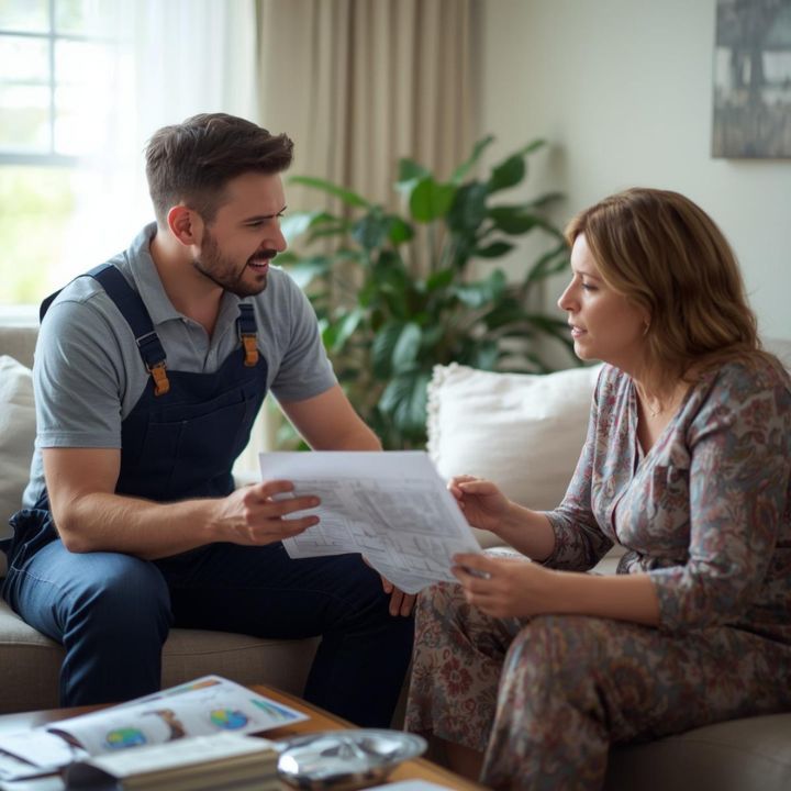 Two people reviewing papers together on a sofa in a bright living room