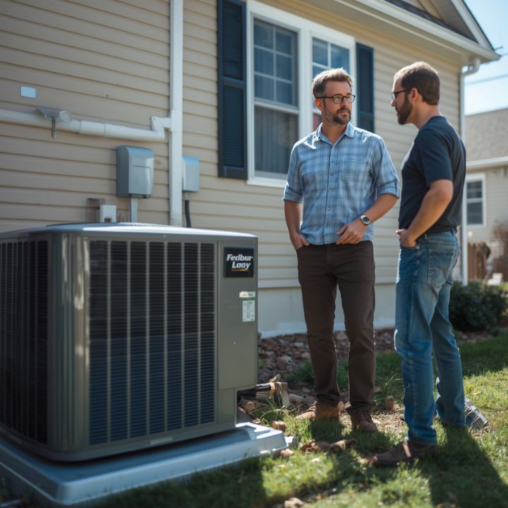 Two men talking beside an outdoor air conditioner unit next to a house.