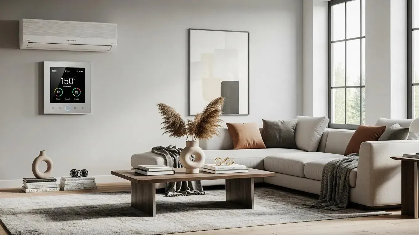 Modern energy-efficient HVAC system in a stylish living room with a digital thermostat