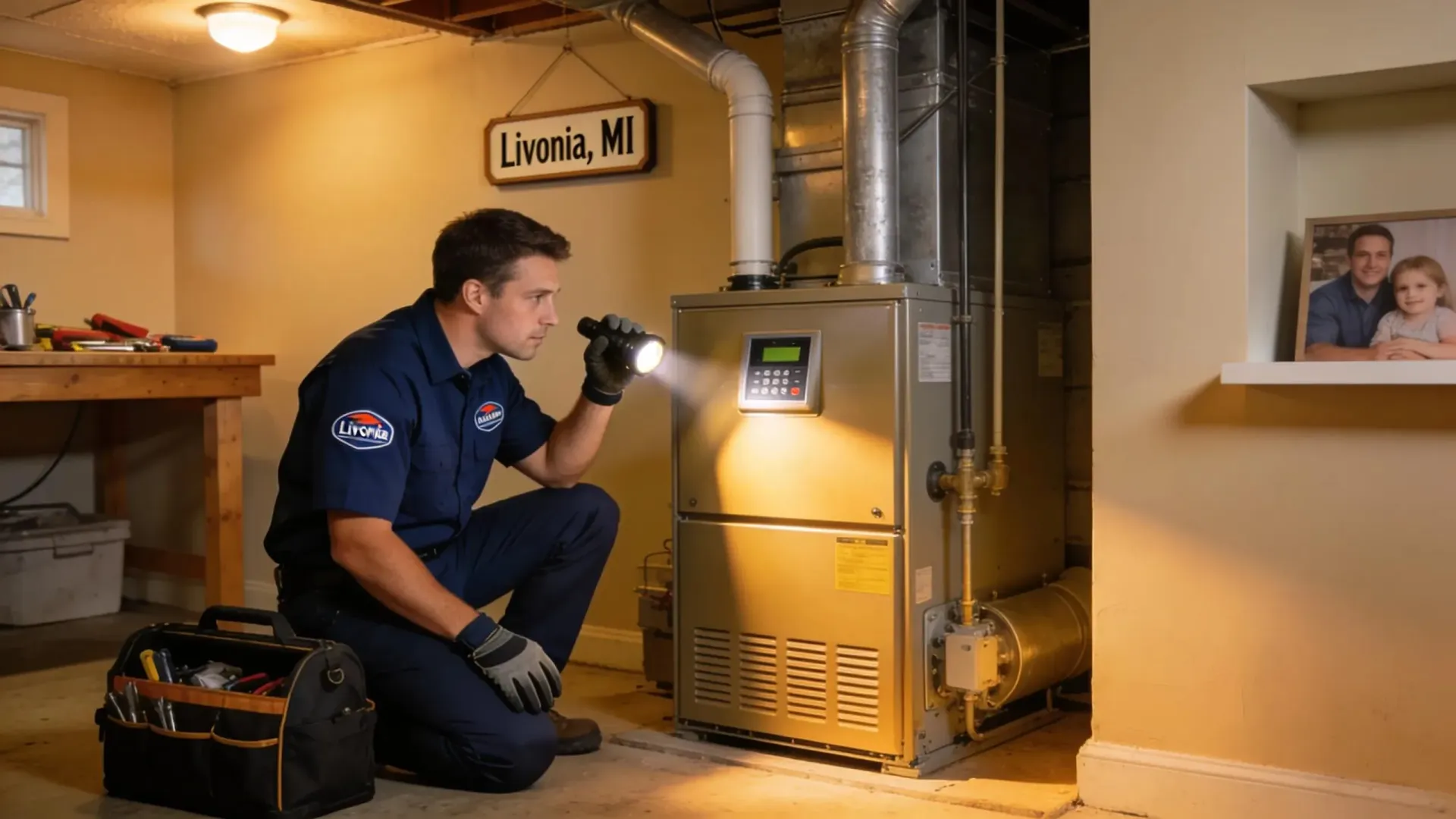 Technician inspecting a furnace during a tune-up in Livonia, MI, showcasing HVAC maintenance services