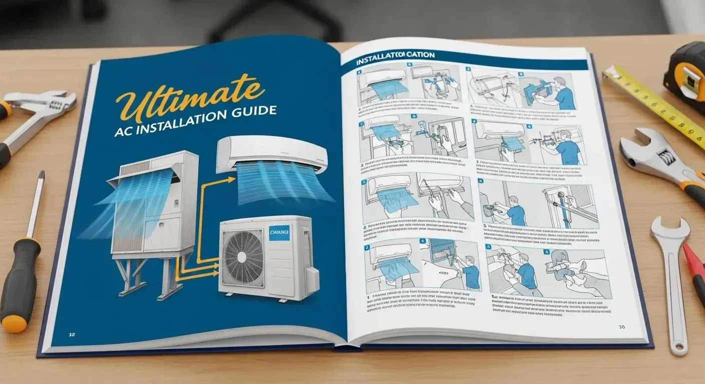 An open guide on a table with tools shows installation steps for an air conditioning system with diagrams and text.