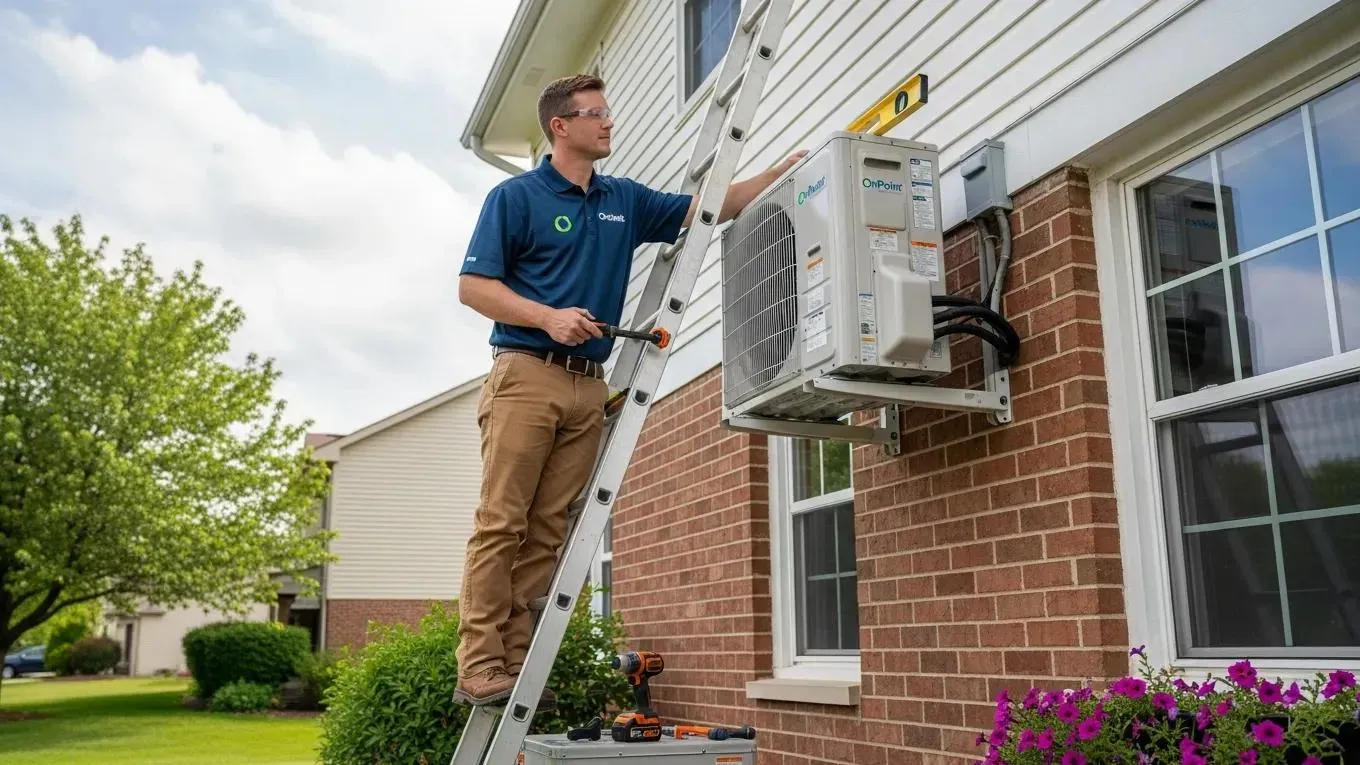 OnPoint technician installing a modern air conditioner in a Livonia home