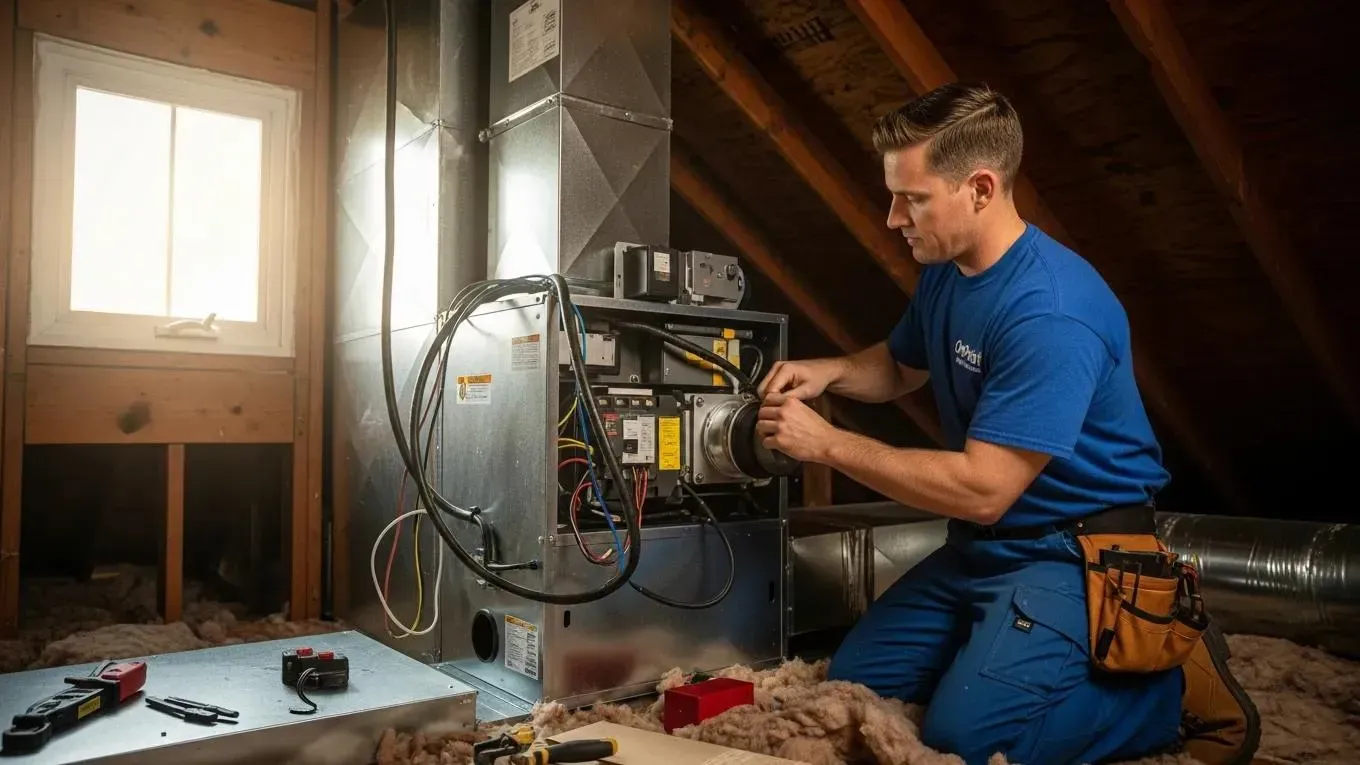 OnPoint HVAC engineer installing central air conditioning in a Metro Detroit home