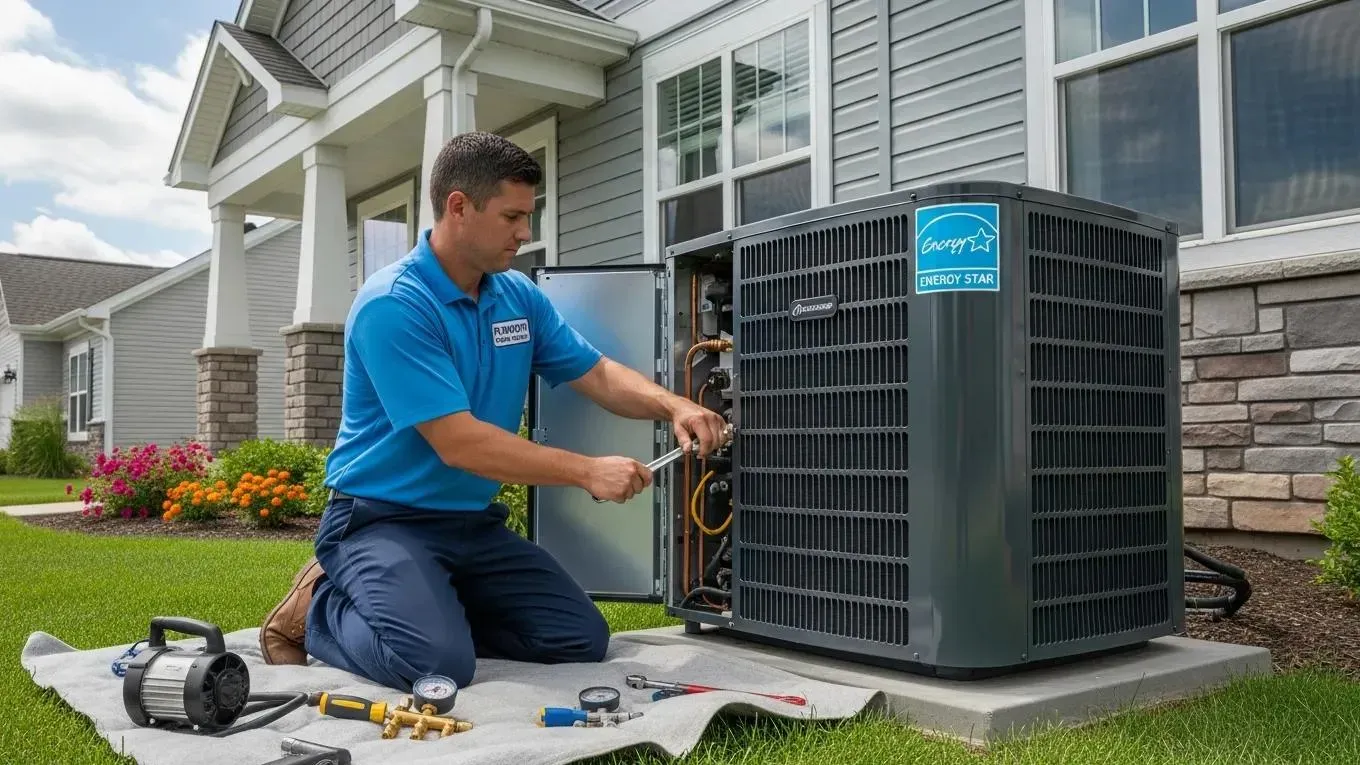 HVAC technician installing an energy-efficient air conditioning unit in a Plymouth MI home