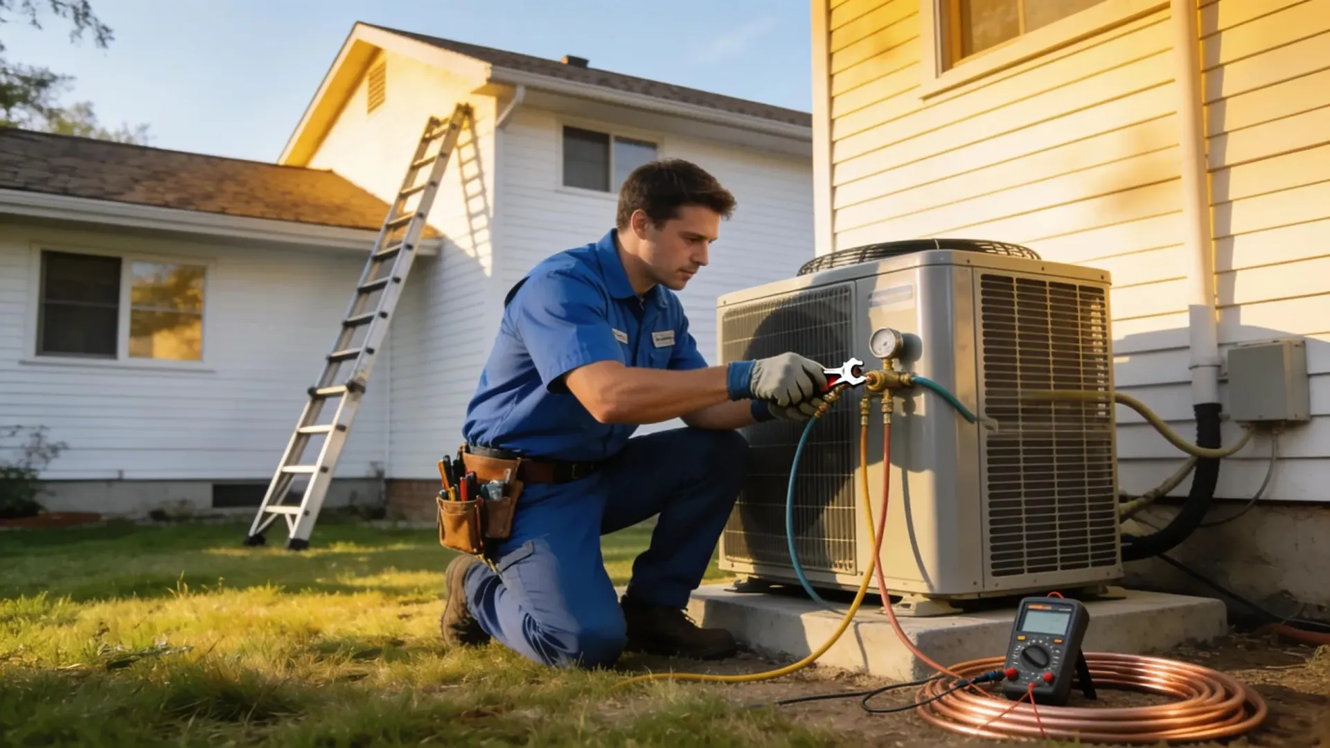 Technician kneels beside an outdoor AC unit, checking gauges and hoses outside a house.