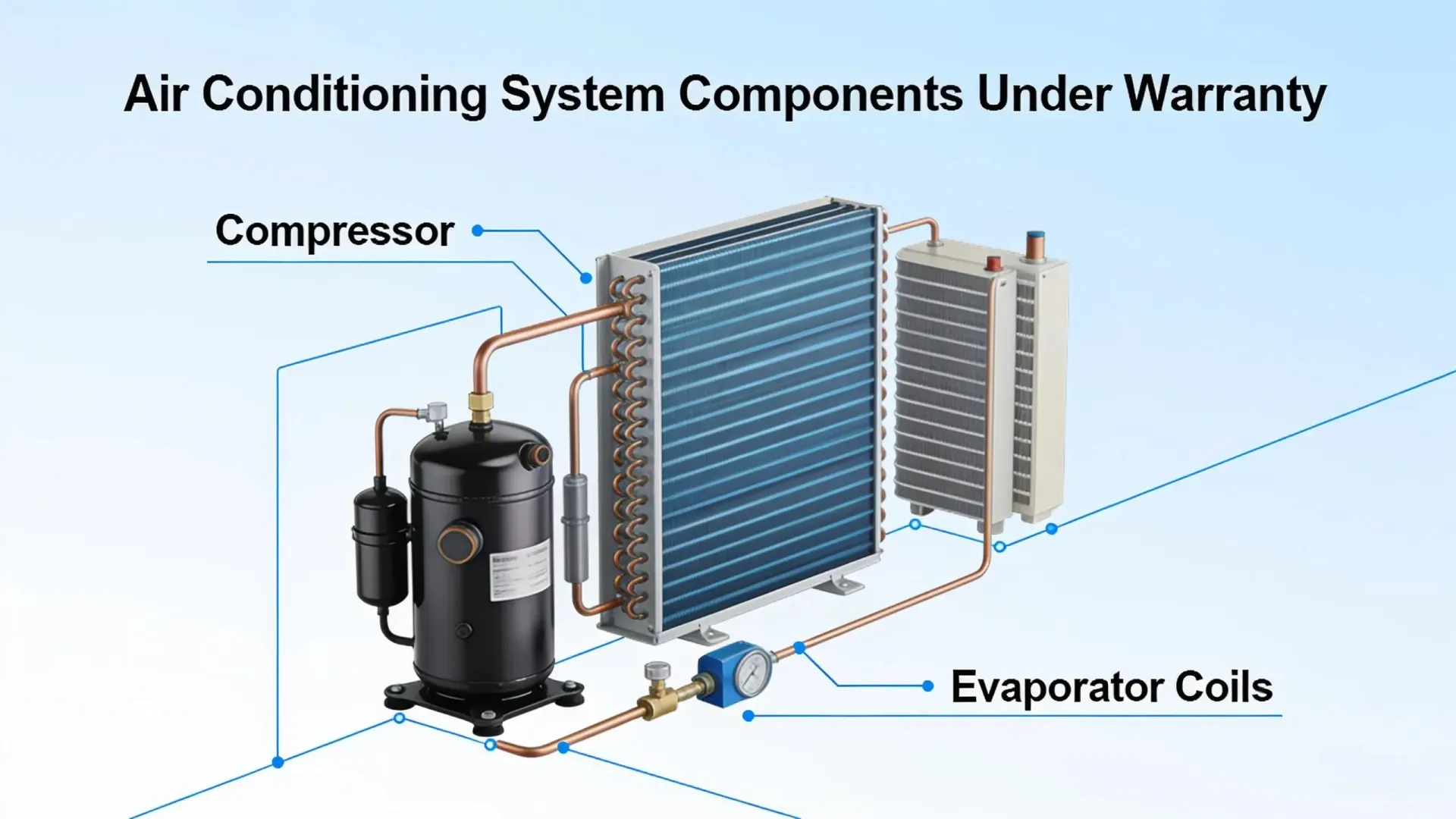 Diagram of air conditioner components under warranty, showing compressor, coils, and fan assembly
