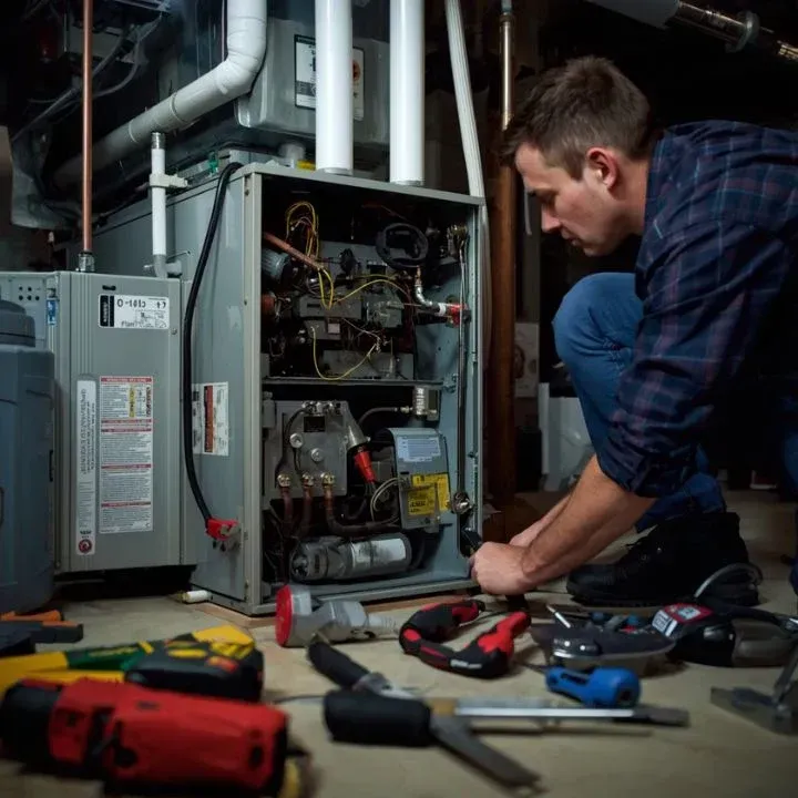 Technician repairing an open furnace with tools on the floor in a basement utility room