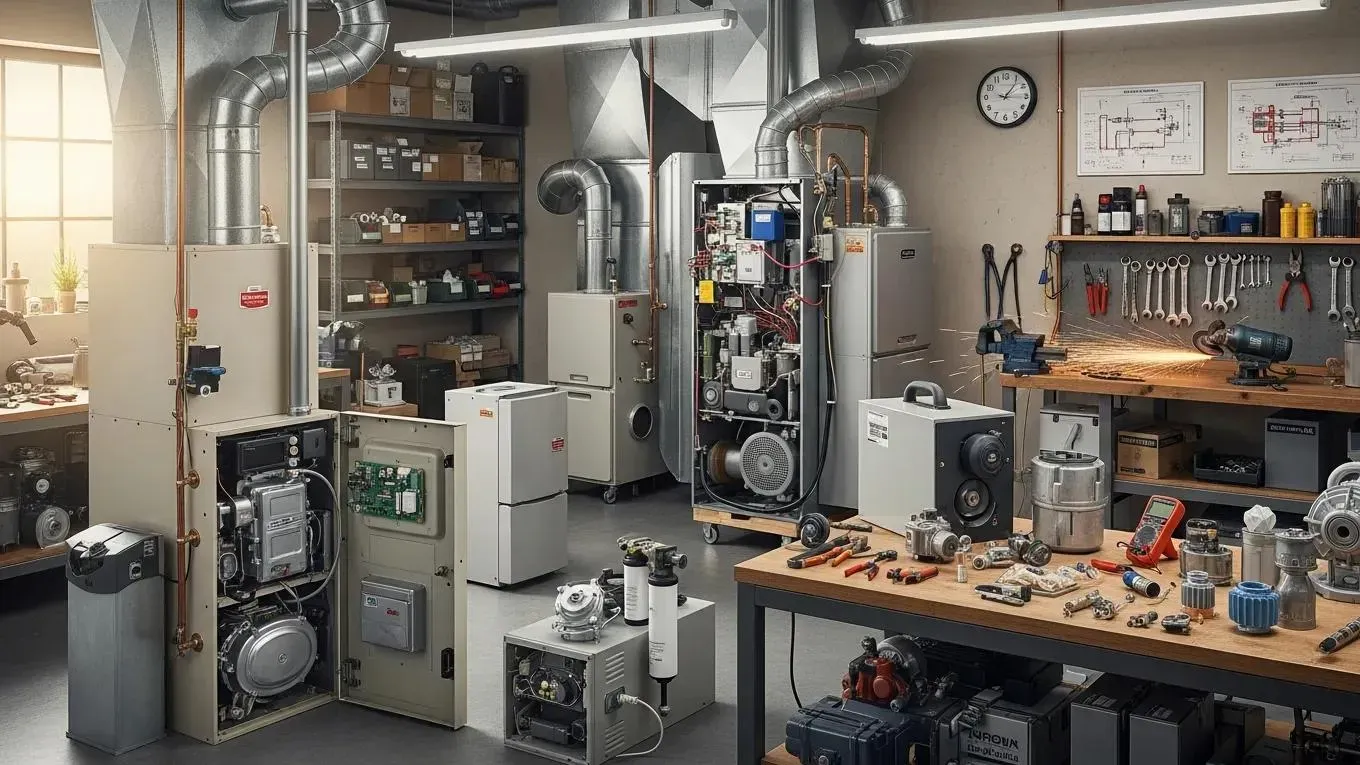 Workshop image showing different furnaces and components relevant to furnace repair