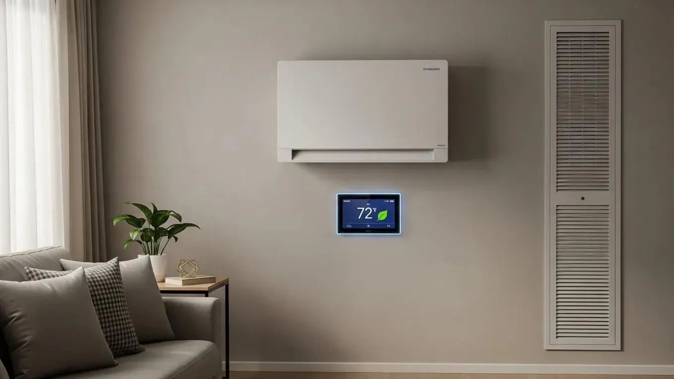 Advanced HVAC technology showcasing energy-efficient units and a digital thermostat in a home environment