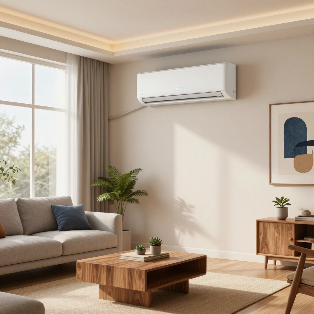 A modern energy-efficient air conditioning unit in a stylish Livonia living room, highlighting its integration into contemporary home design