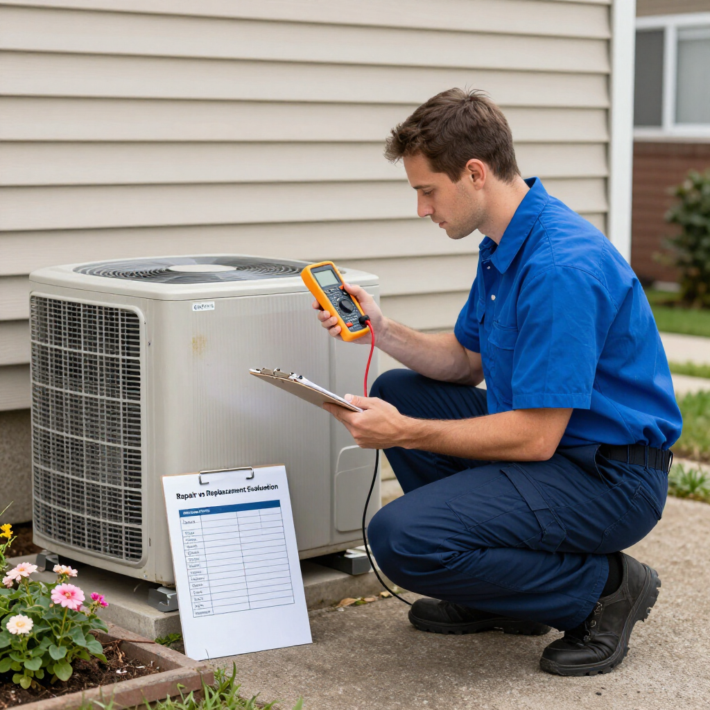 Technician checking an outdoor air conditioning unit at a home while weighing repair versus replacement