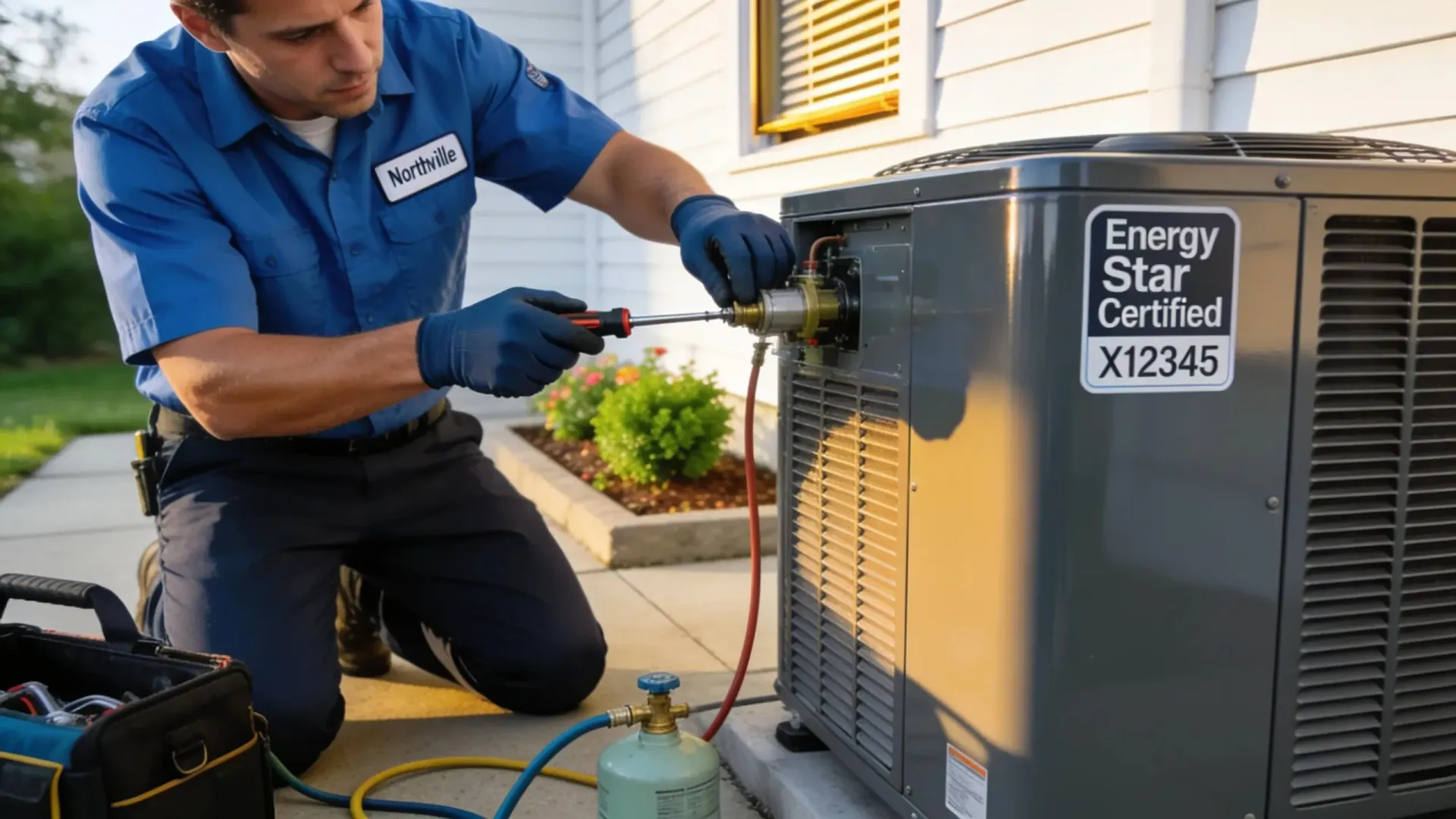 Technician in blue uniform servicing an outdoor Energy Star HVAC unit with tools and gauges