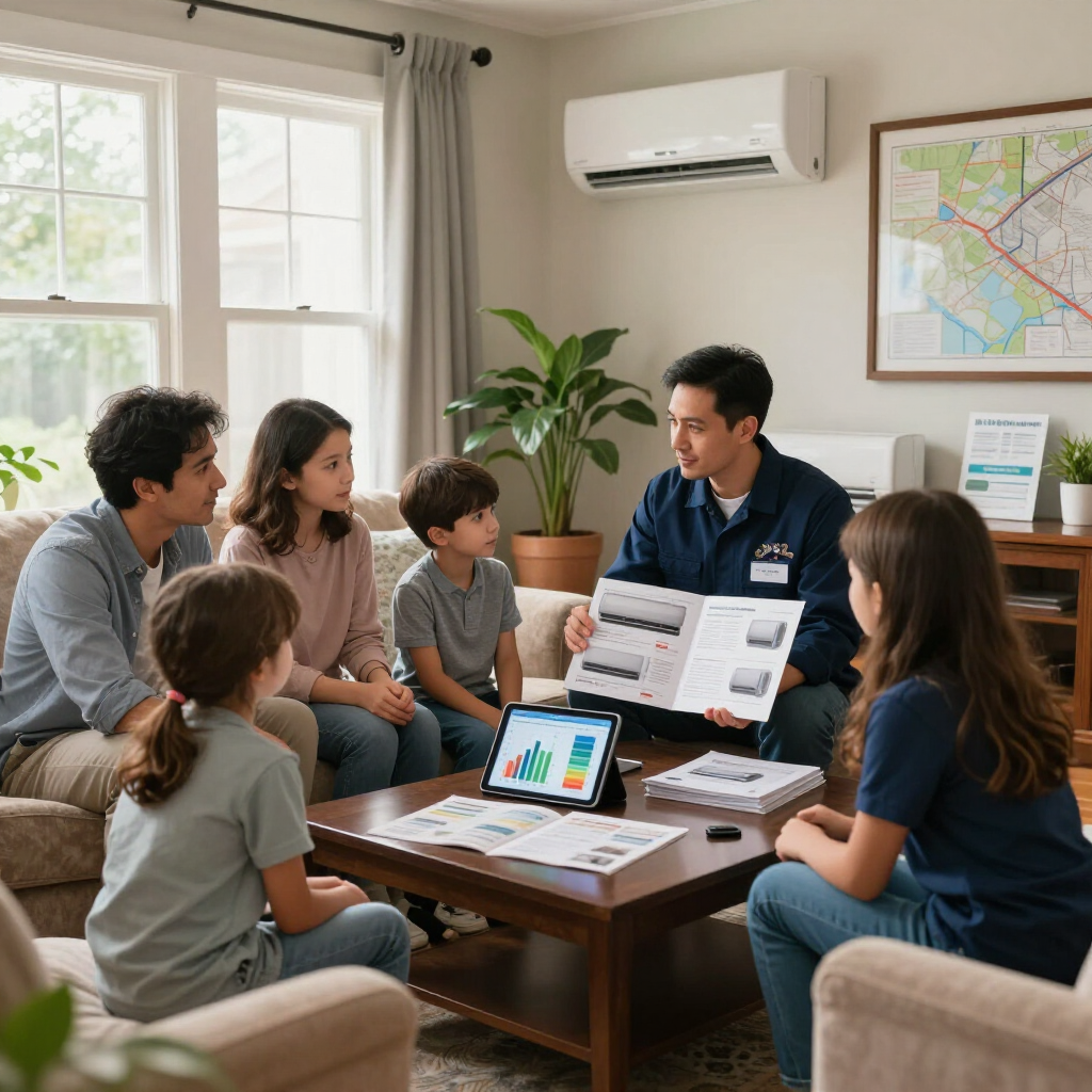 Family meeting with HVAC technician to review energy-efficient air conditioner options in Northville