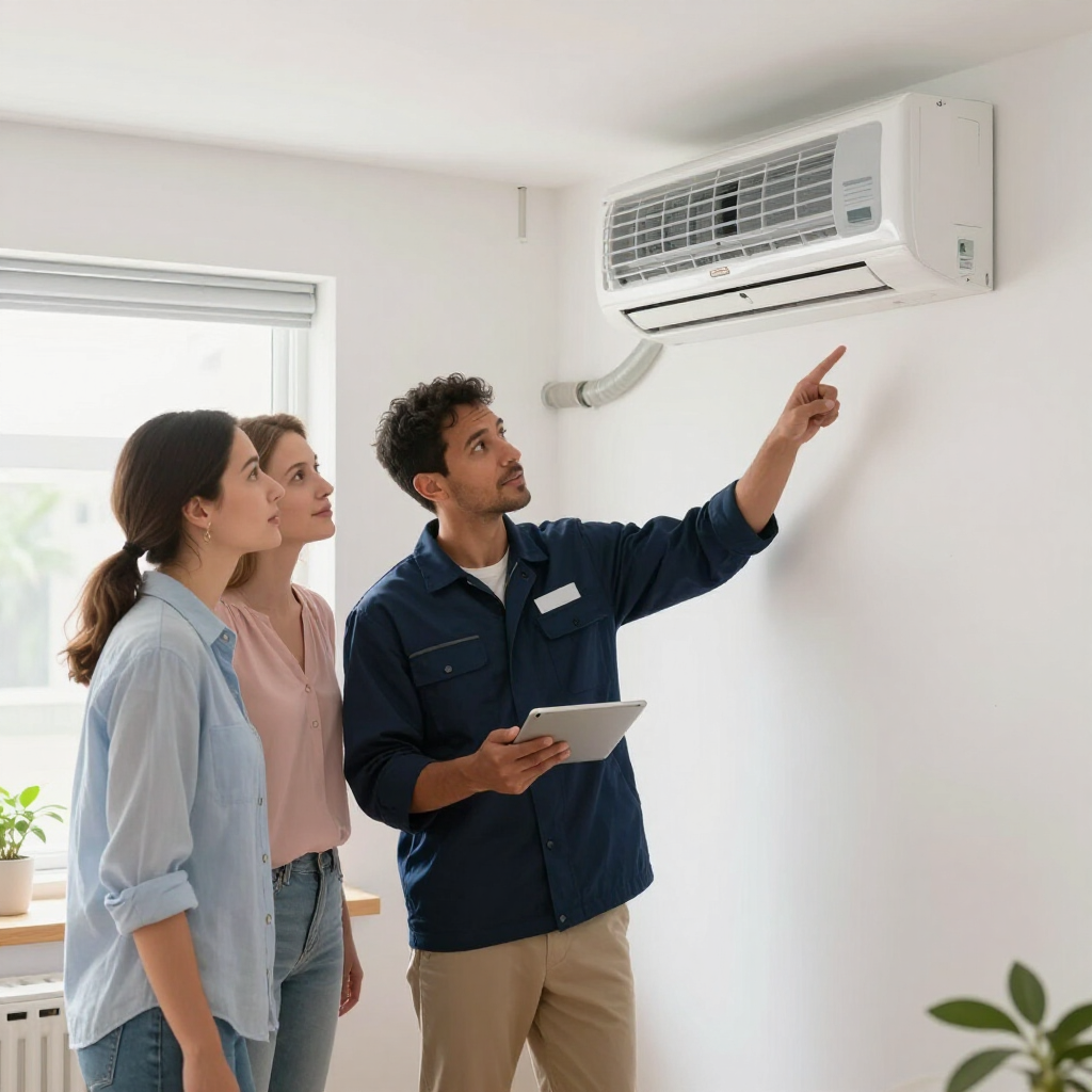 HVAC technician explaining air conditioning system during final walkthrough with homeowners