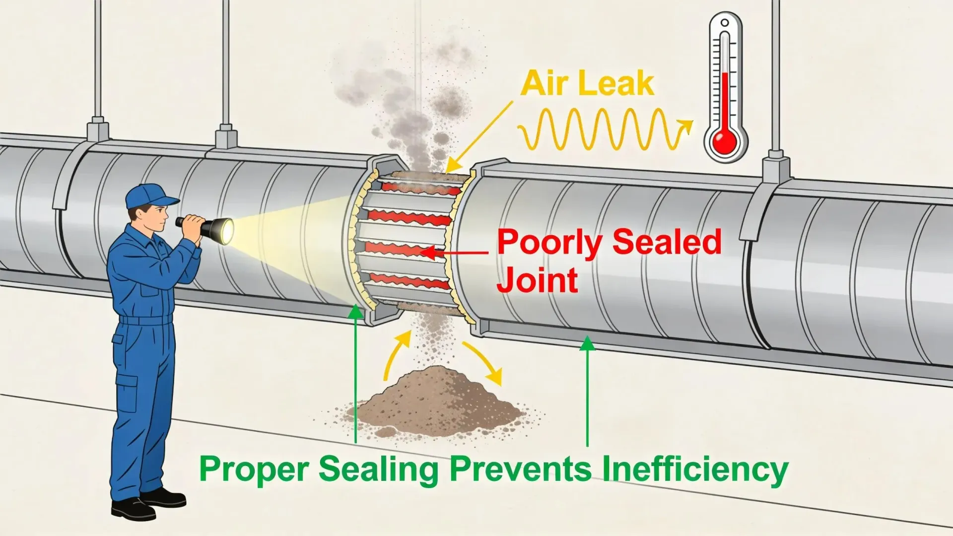 Inspecting leaky ductwork to show how poor sealing and installation reduce efficiency