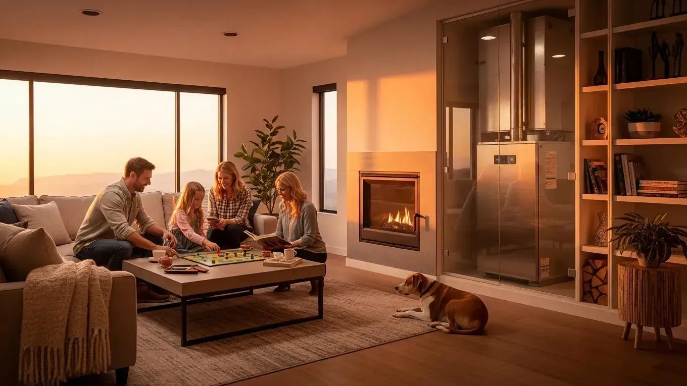 Cozy living room with a modern HVAC system highlighting home comfort and efficiency