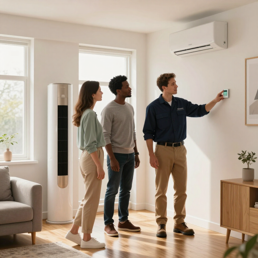 HVAC technician explaining air conditioning system during final walkthrough with homeowners