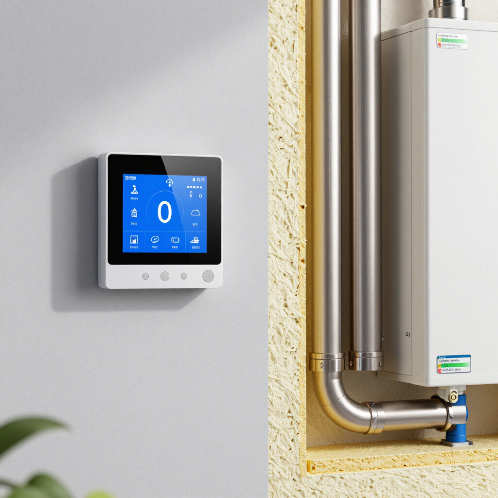 Smart thermostat, improved insulation, and efficient HVAC components demonstrating energy-saving solutions