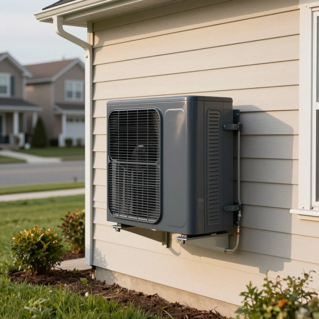 Wall-mounted air conditioner unit on a house exterior beside a window and yard