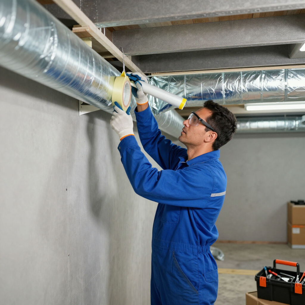 Technician sealing ductwork to stop leaks and restore proper airflow