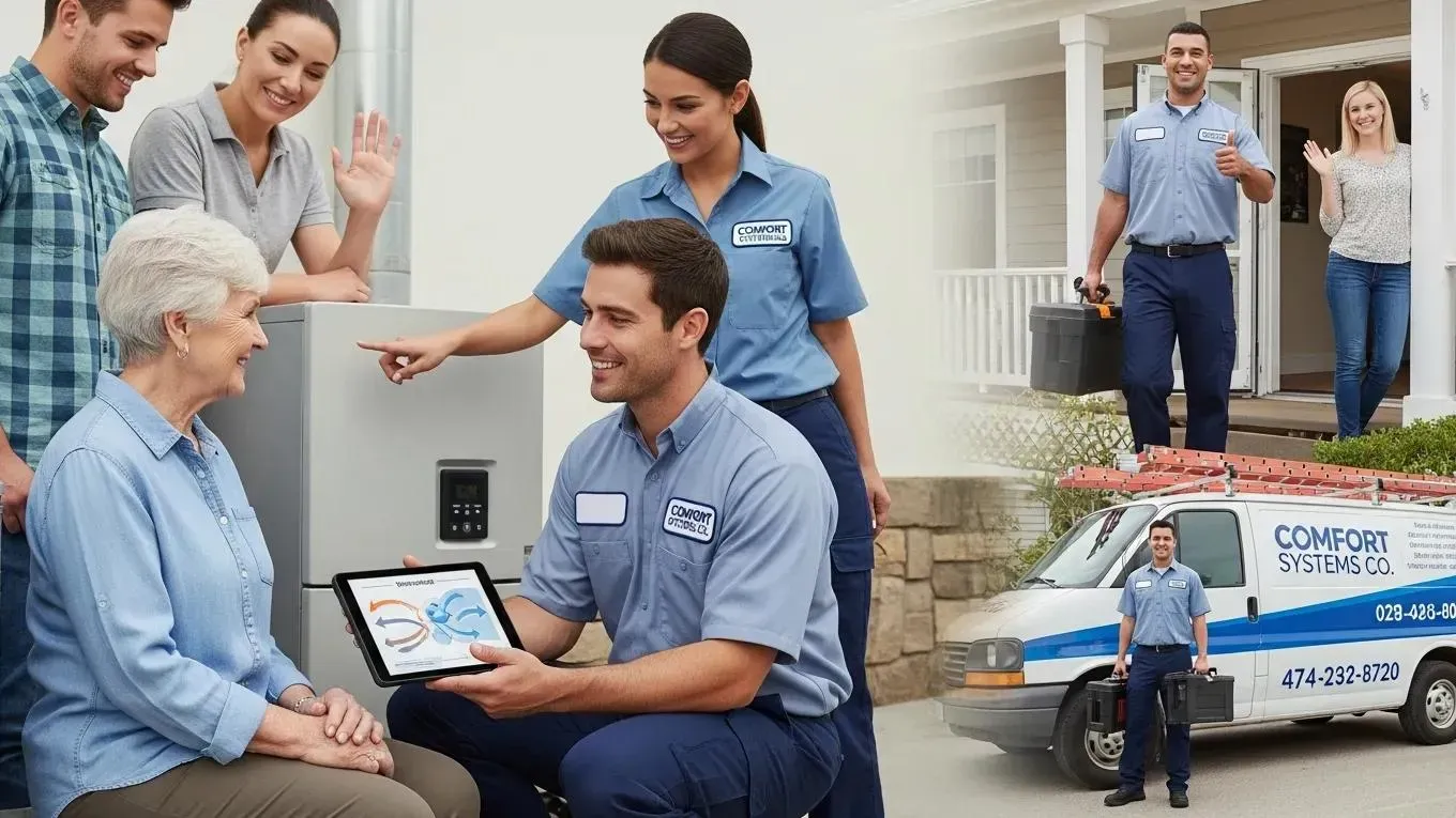 Family-owned HVAC technicians assisting a homeowner