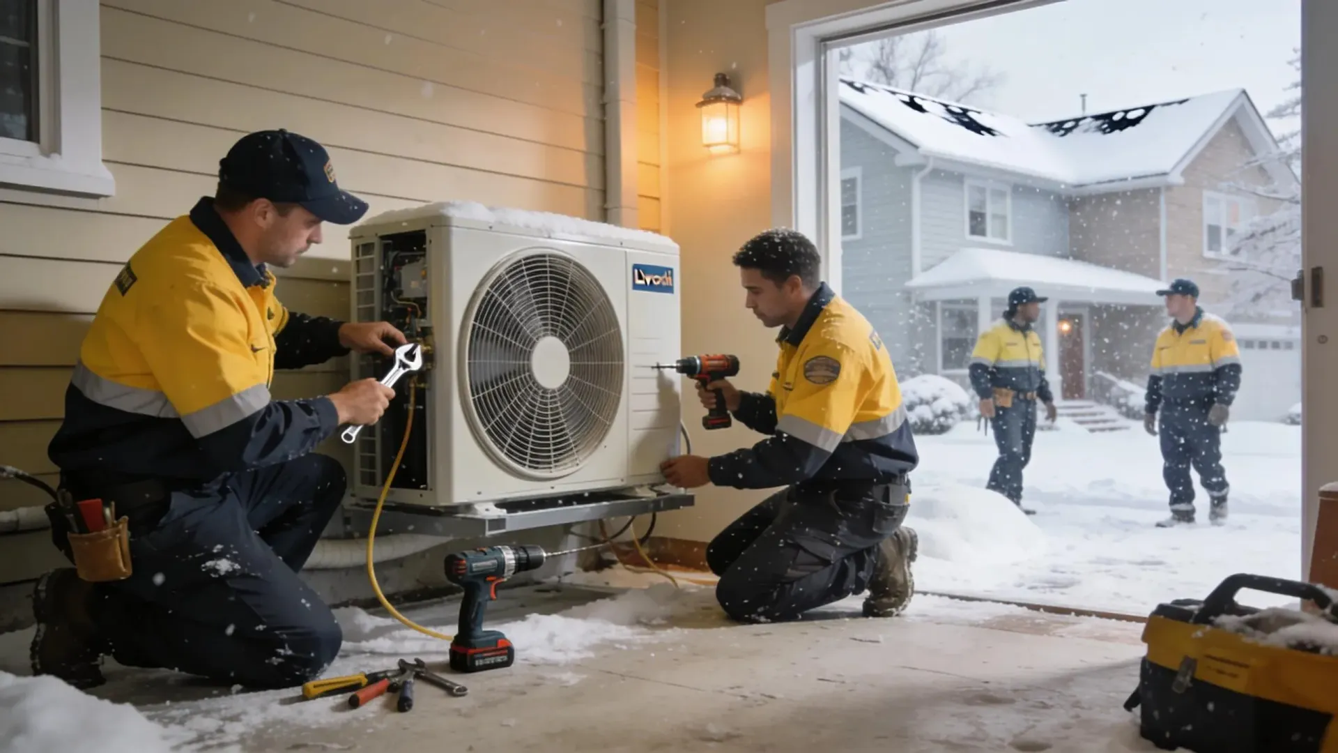 Technicians installing a heat pump in a Livonia home during winter