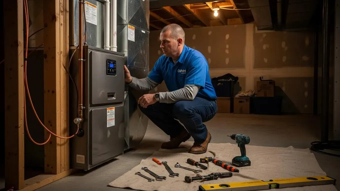 OnPoint technician installing a high-efficiency furnace in a Plymouth home