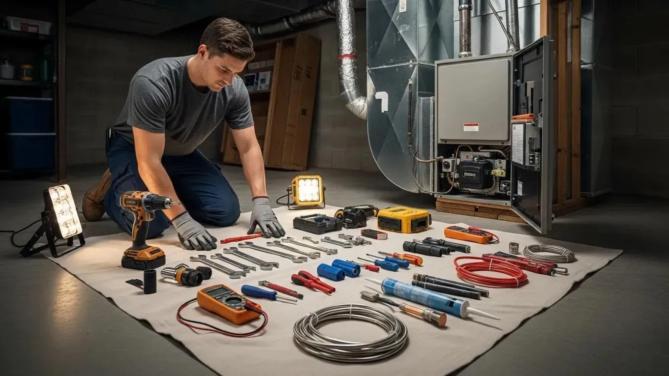 Technician preparing tools and equipment for a residential furnace installation