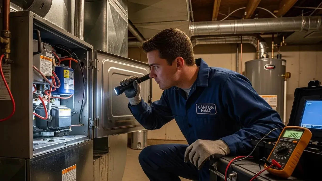Technician inspecting a furnace during an emergency repair in Canton, MI