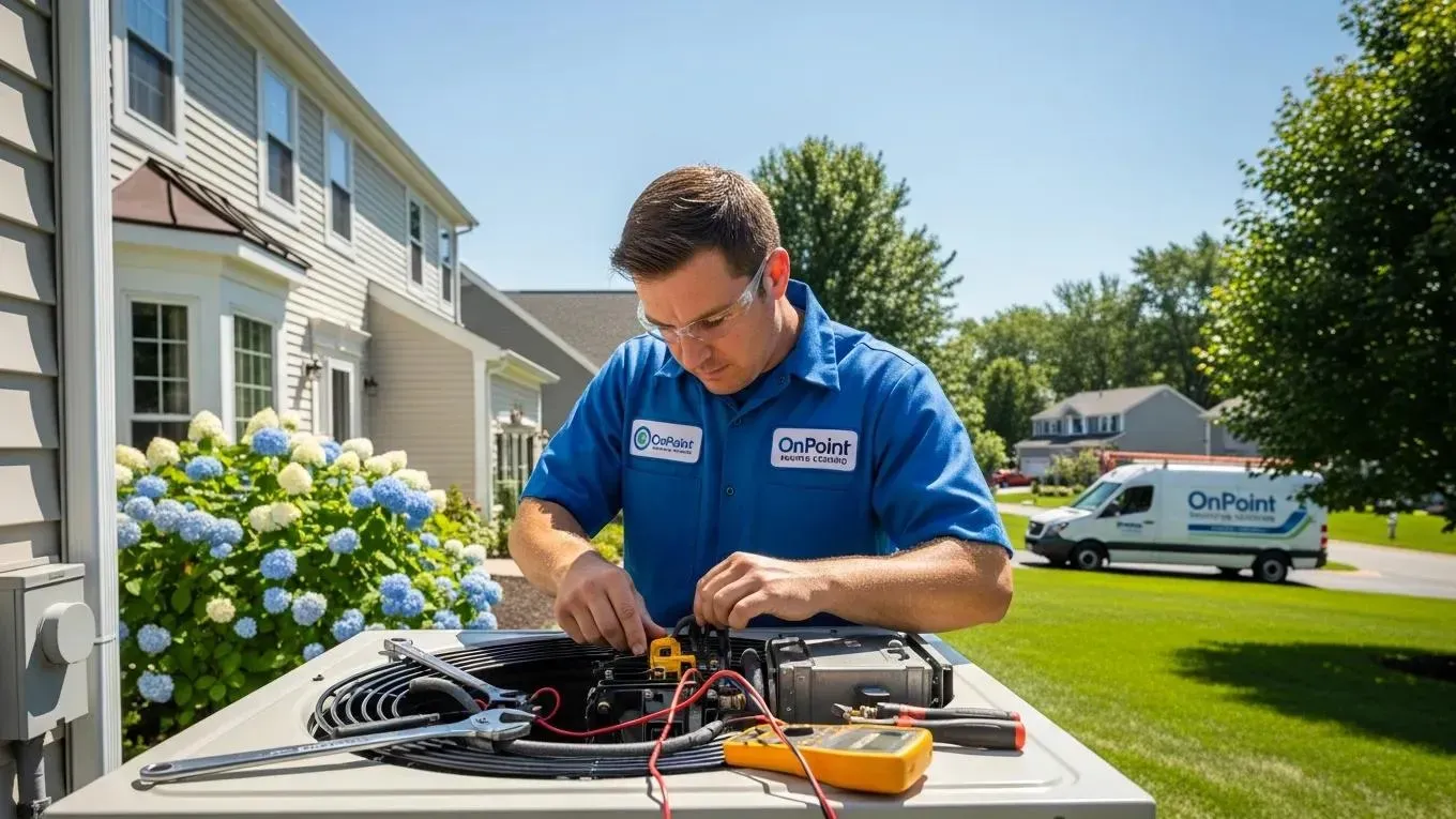 OnPoint licensed HVAC technician repairing an AC unit in Northville, MI
