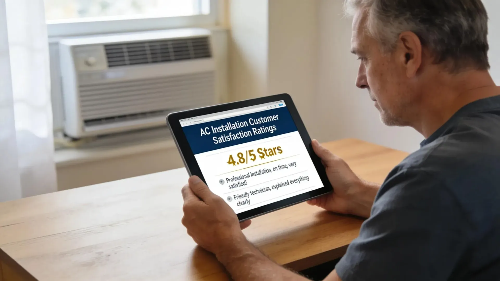 Homeowner reviewing customer satisfaction ratings for AC installation services