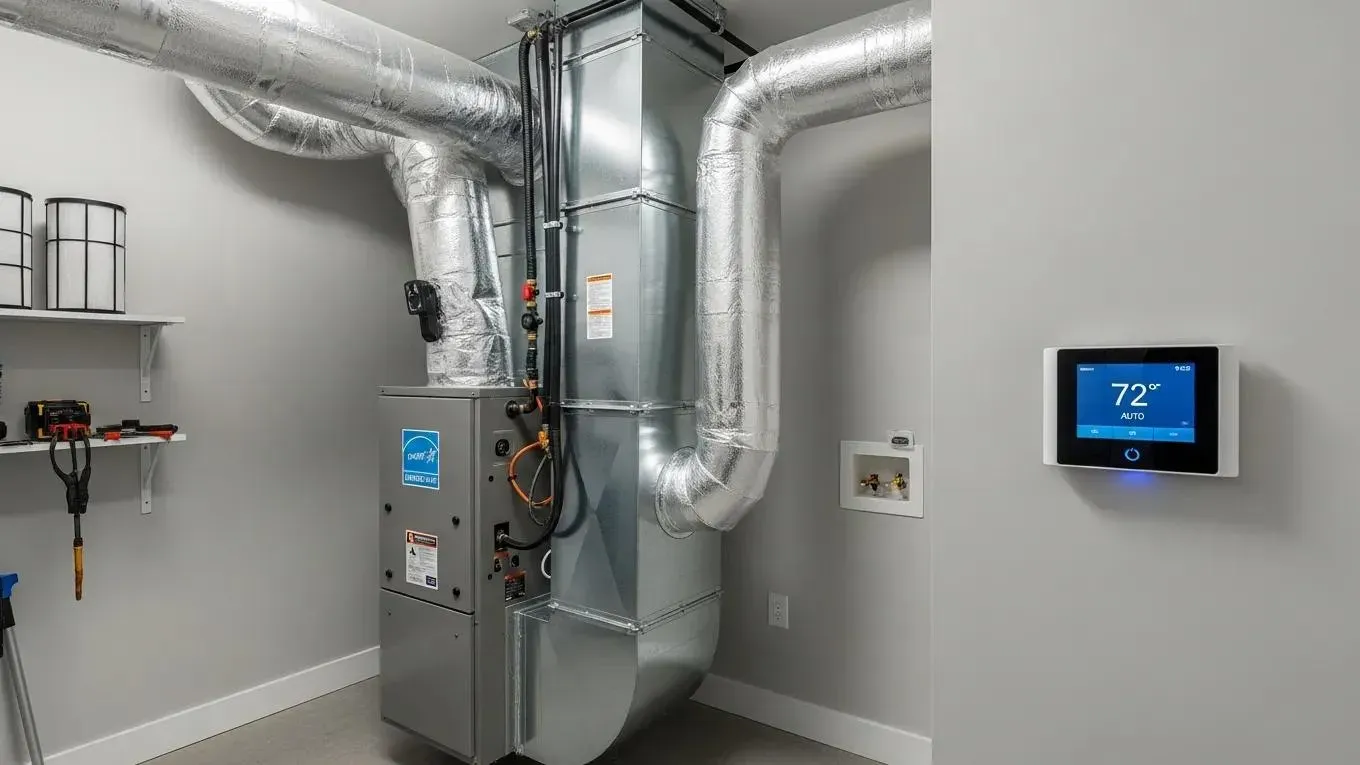 High-efficiency HVAC system with insulated ductwork and a smart thermostat