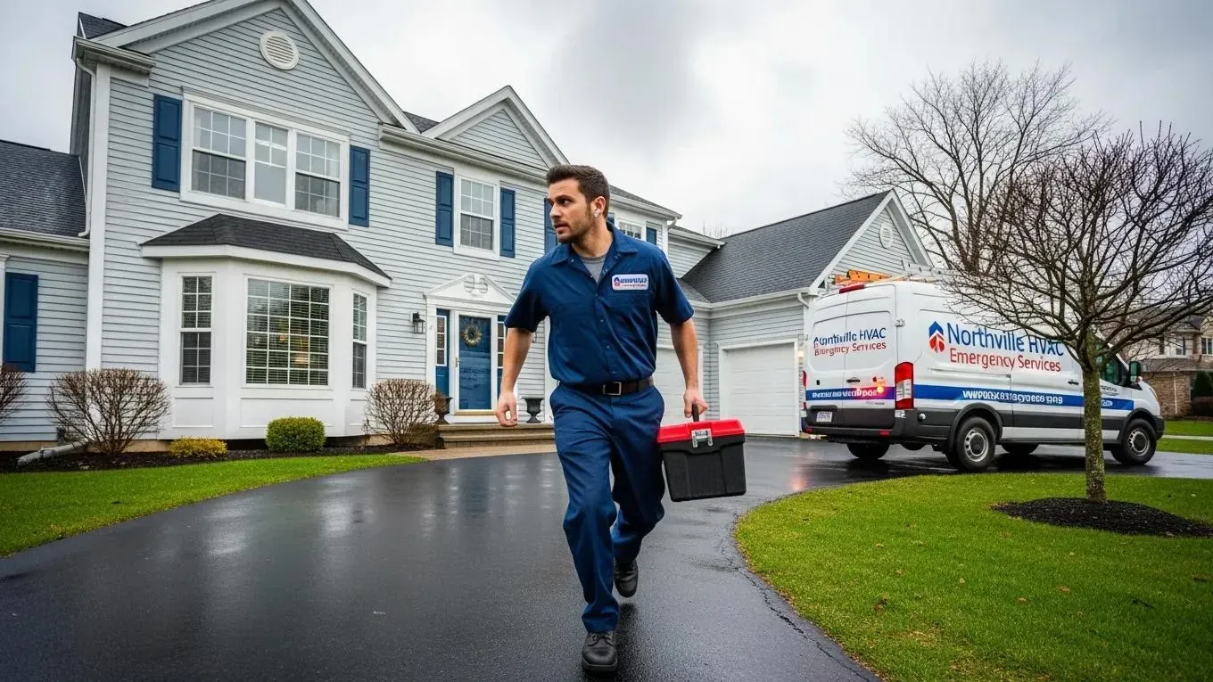 HVAC technician arriving quickly for emergency service in Northville, MI
