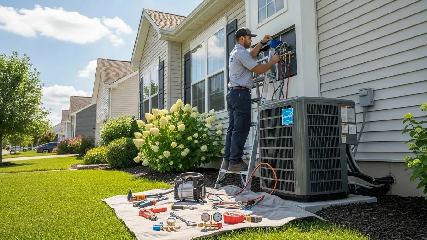 Technician installing an energy‑efficient air conditioner at a Canton, MI home
