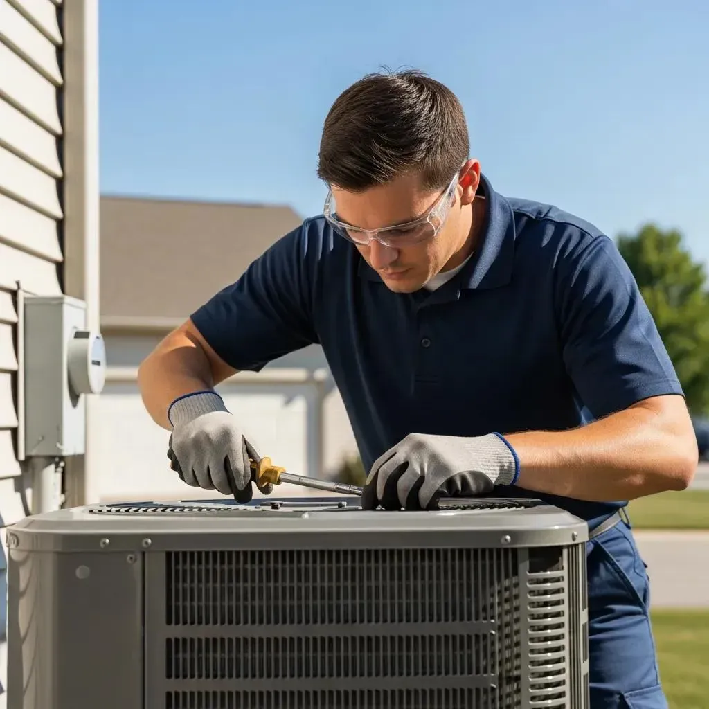 Air conditioning unit next to a brick wall and bushes.