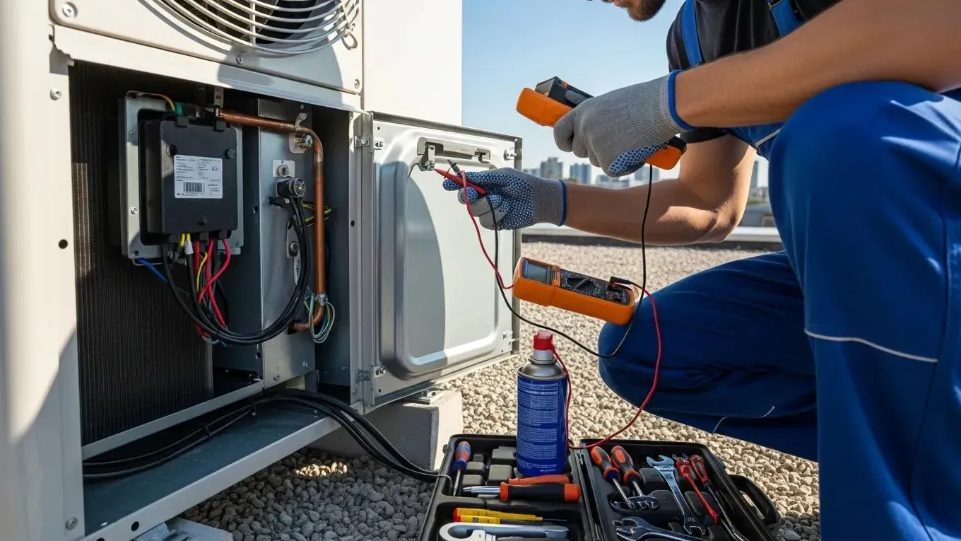Technician servicing an air conditioning unit to address malfunctions and ensure efficiency