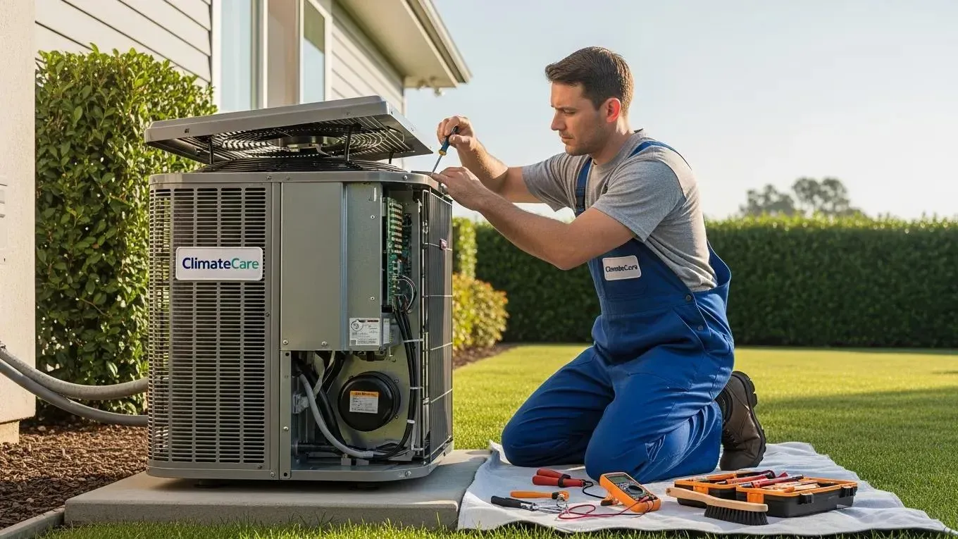HVAC technician performing maintenance on a residential HVAC system